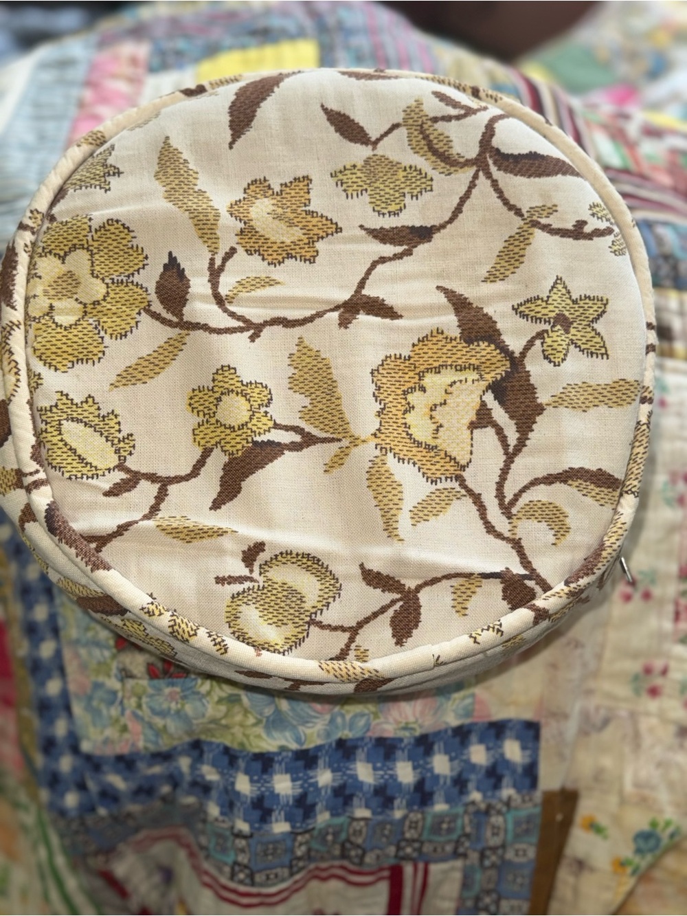 Vintage Round Floral throw pillow in Cream, Yellow & Brown